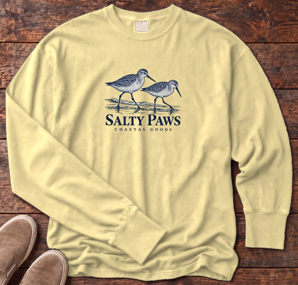 Two Sandpipers Long Sleeve Tee in Butter, Salty Paws Comfort Colors Long Sleeve Tee, front design flat lay