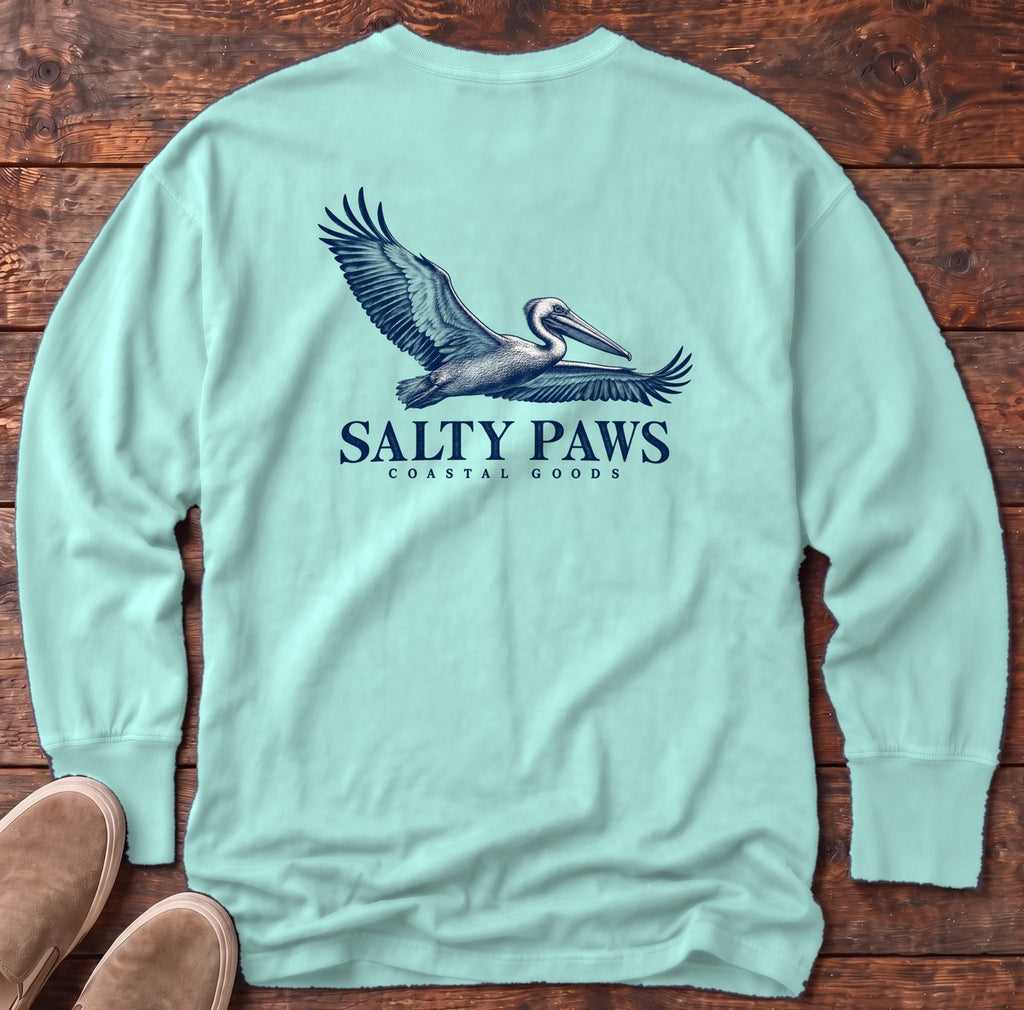 Gliding Pelican Coastal Goods Back Design Long Sleeve Tee in Chalky Mint, Salty Paws Comfort Colors Long Sleeve Tee, back design flat lay