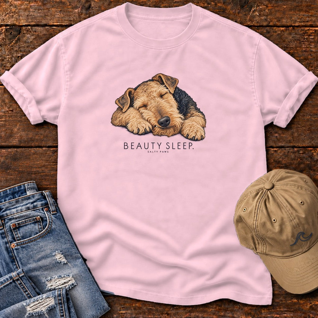 Beauty Sleep Airedale Terrier T-Shirt in Blossom, Salty Paws Comfort Colors T-Shirt, front design flat lay