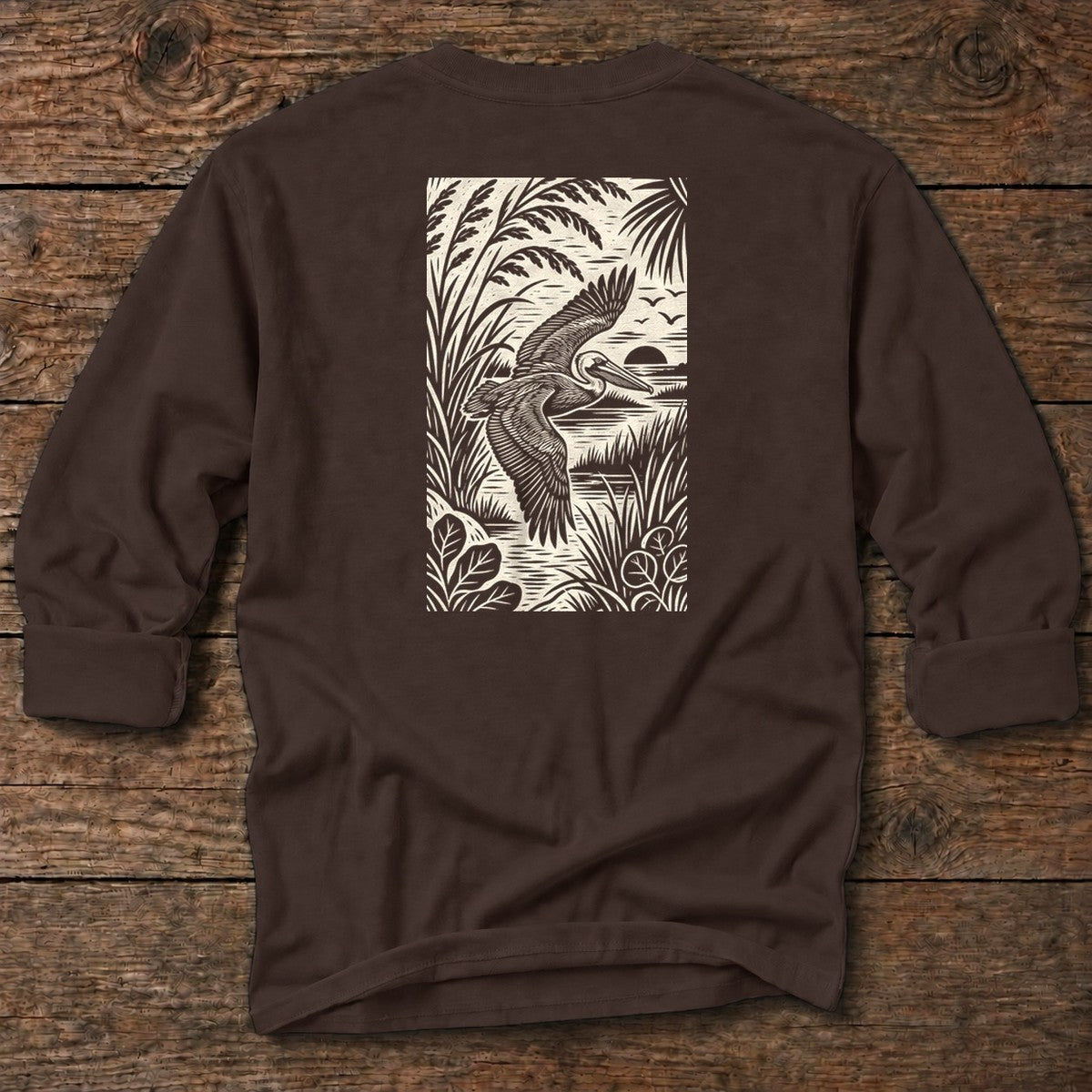Pelican Woodcut Back Design T-Shirt in Dark Chocolate, Salty Paws coastal long sleeve tee