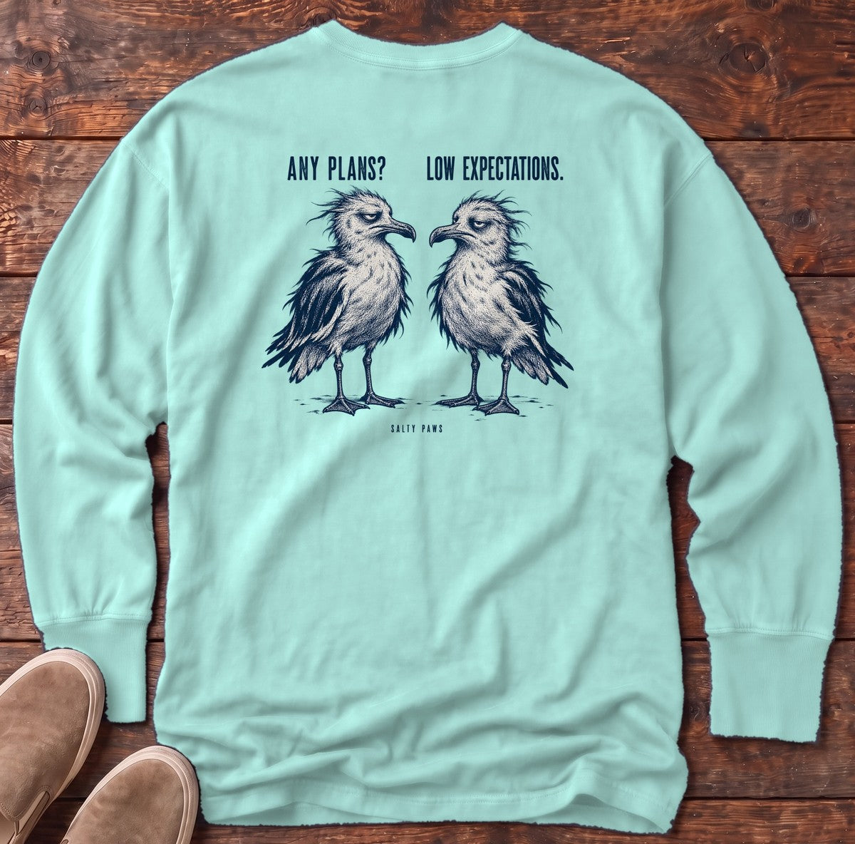 Any Plans Low Expectations Seagulls Back Design Long Sleeve Tee in Chalky Mint, Salty Paws Comfort Colors Long Sleeve Tee, back design flat lay