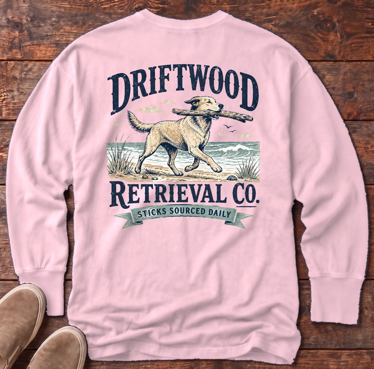 Driftwood Retriever Back Design Long Sleeve Tee in Blossom, Salty Paws Comfort Colors long sleeve tee