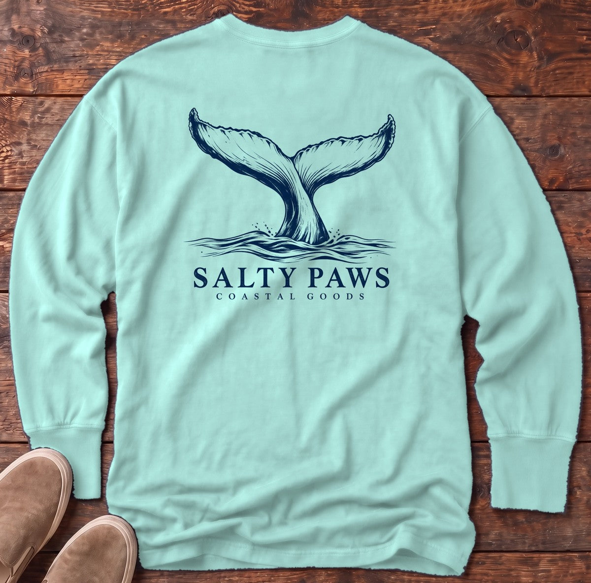 Humpback Tail Coastal Goods Back Design Long Sleeve Tee in Chalky Mint, Salty Paws Comfort Colors Long Sleeve Tee, back design flat lay