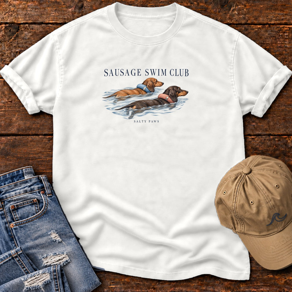 Sausage Swim Club Dachshunds T-Shirt in White, Salty Paws Comfort Colors T-Shirt, front design flat lay