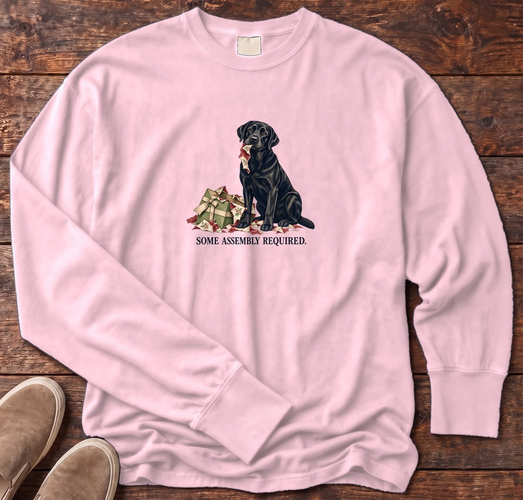 Some Assembly Required Black Lab Long Sleeve Tee in Blossom, Salty Paws Comfort Colors Long Sleeve Tee, front design flat lay