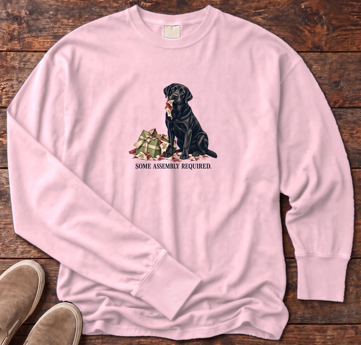 Some Assembly Required Black Lab Long Sleeve Tee in Blossom, Salty Paws Comfort Colors Long Sleeve Tee, front design flat lay