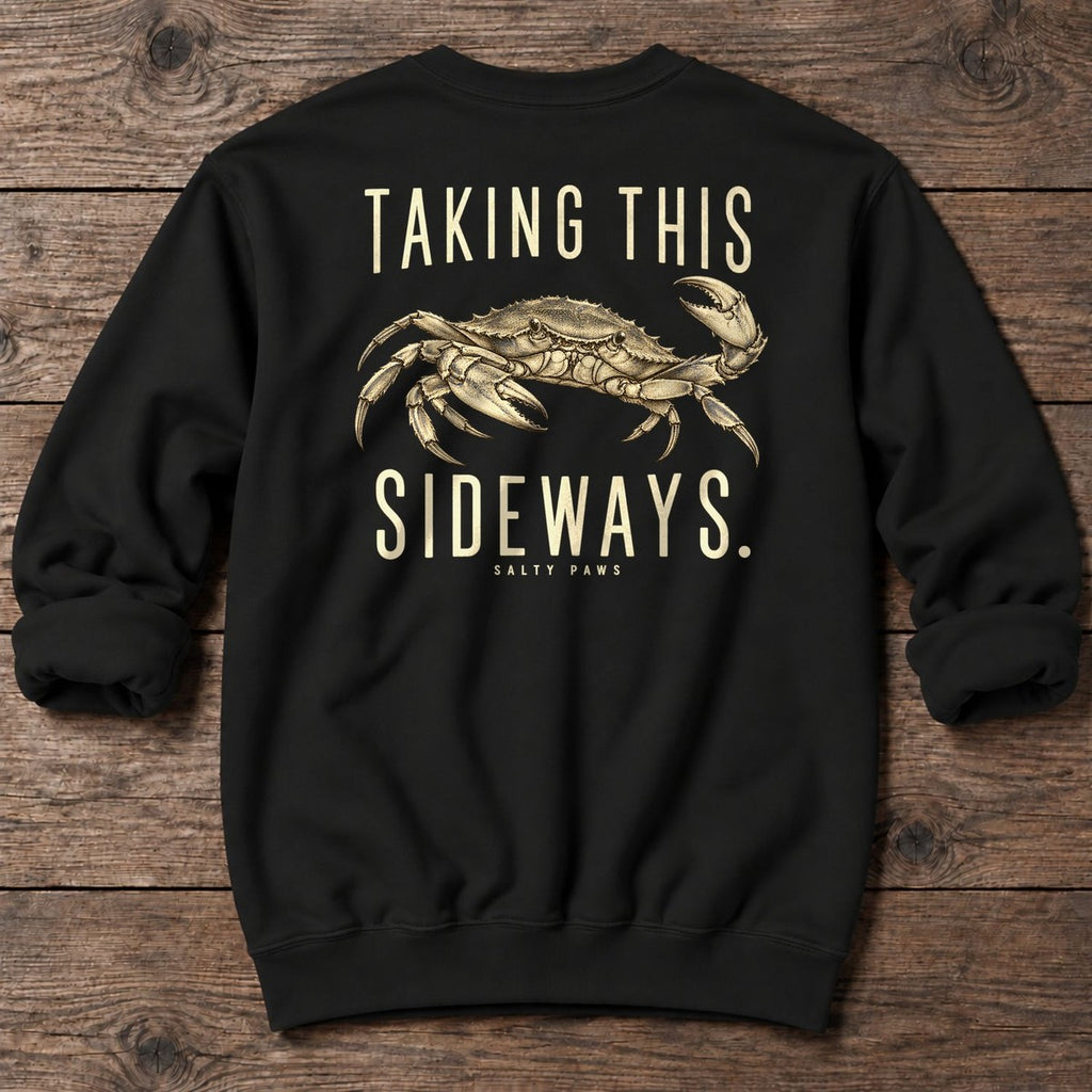 Taking This Sideways Crab Back Design Midweight Sweatshirt in Black, Salty Paws Midweight Sweatshirt, back design flat lay