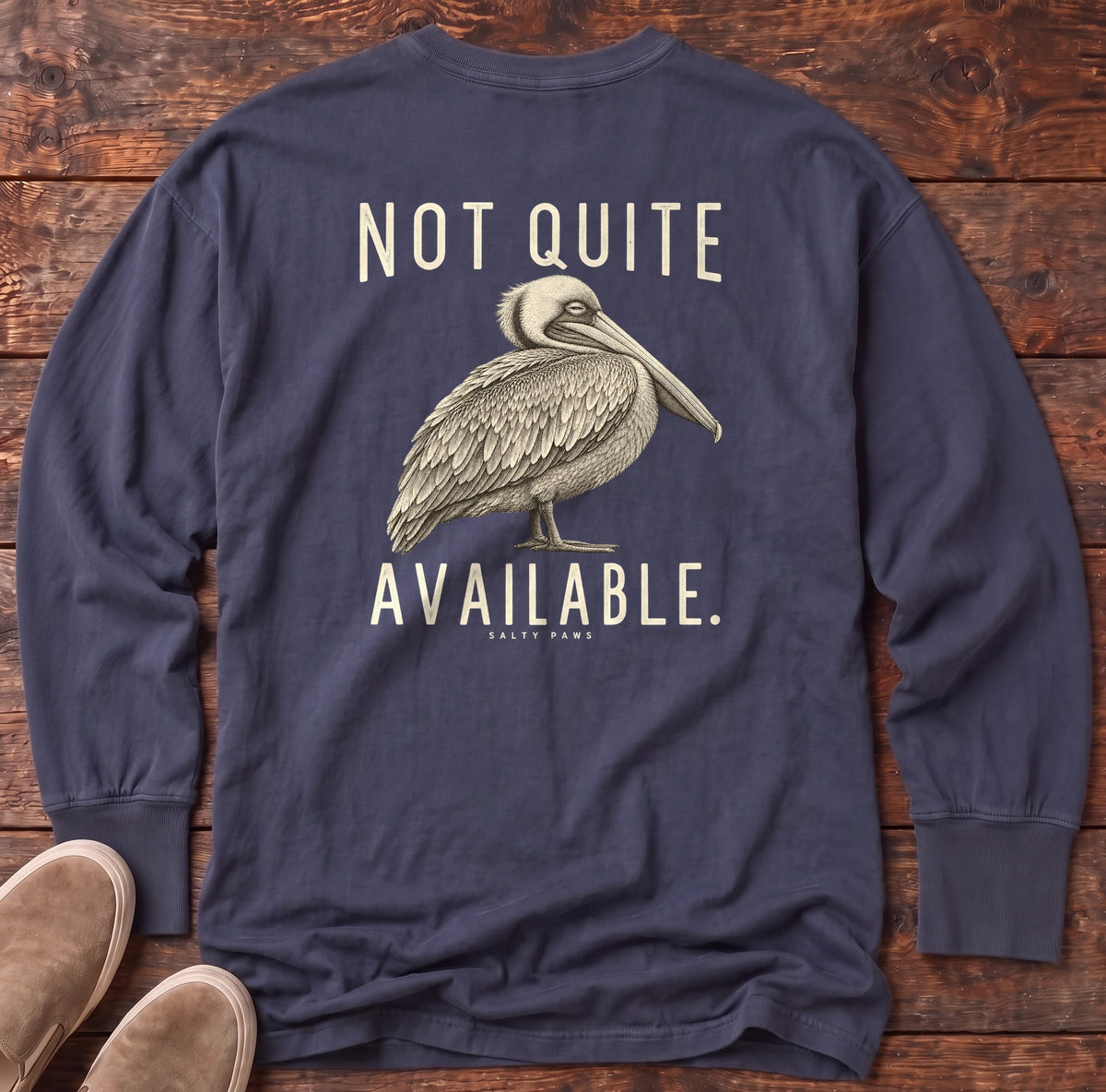 Not Quite Available Pelican Back Design Long Sleeve Tee in True Navy, Salty Paws Comfort Colors Long Sleeve Tee, back design flat lay