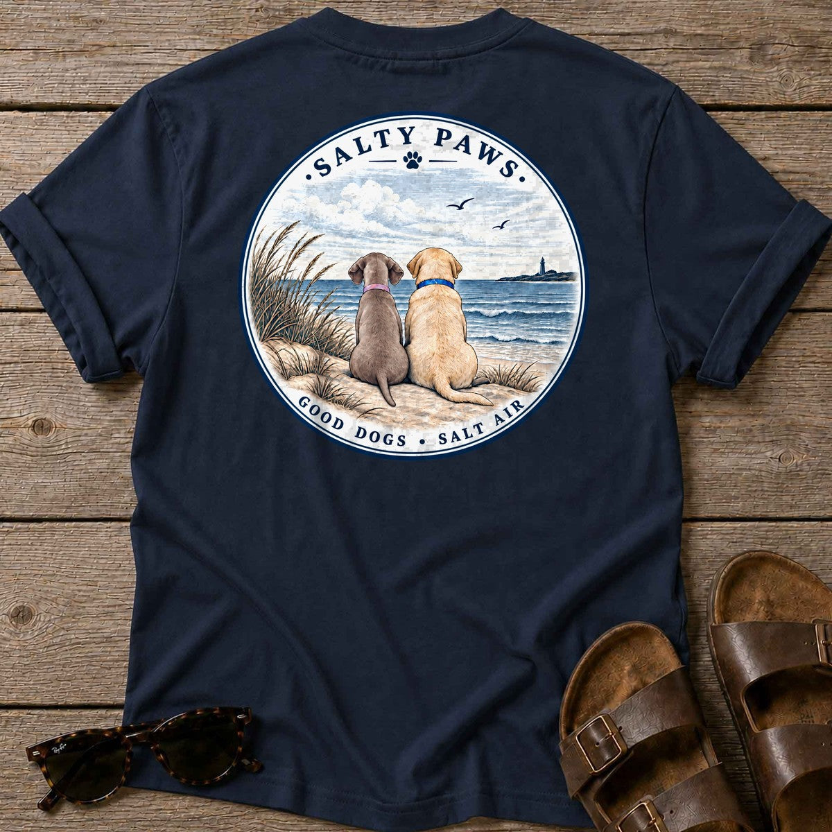 BEACH Pelican Weim & Labrador BACK T-Shirt in Navy, Salty Paws coastal t-shirt