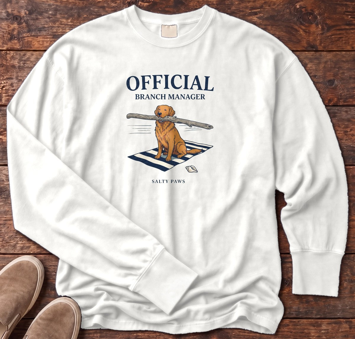 Official Branch Manager Golden Retriever Long Sleeve Tee in White, Salty Paws Comfort Colors long sleeve tee