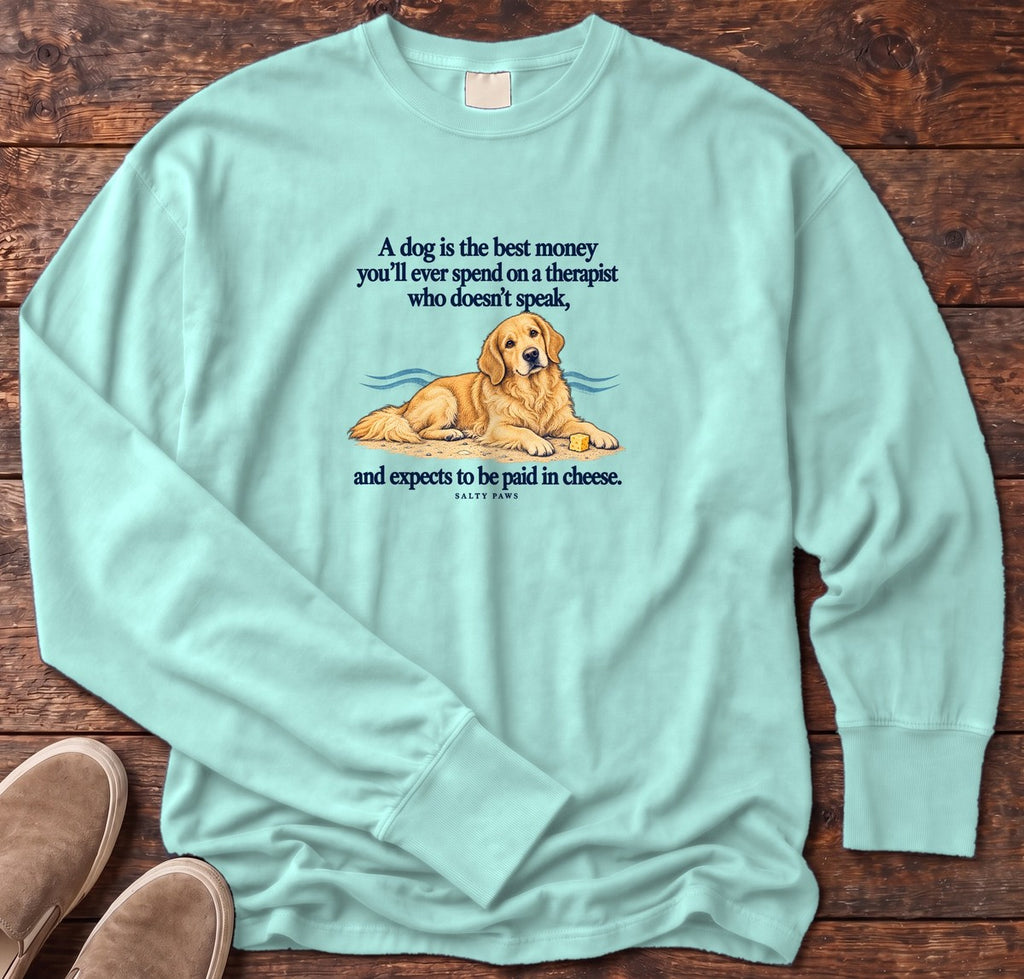 Paid in Cheese Golden Retriever Long Sleeve Tee in Chalky Mint, Salty Paws Comfort Colors Long Sleeve Tee, front design flat lay