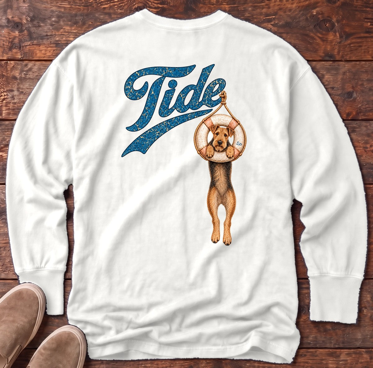 Tide Airedale Back Design Long Sleeve Tee in White, Salty Paws Comfort Colors long sleeve tee