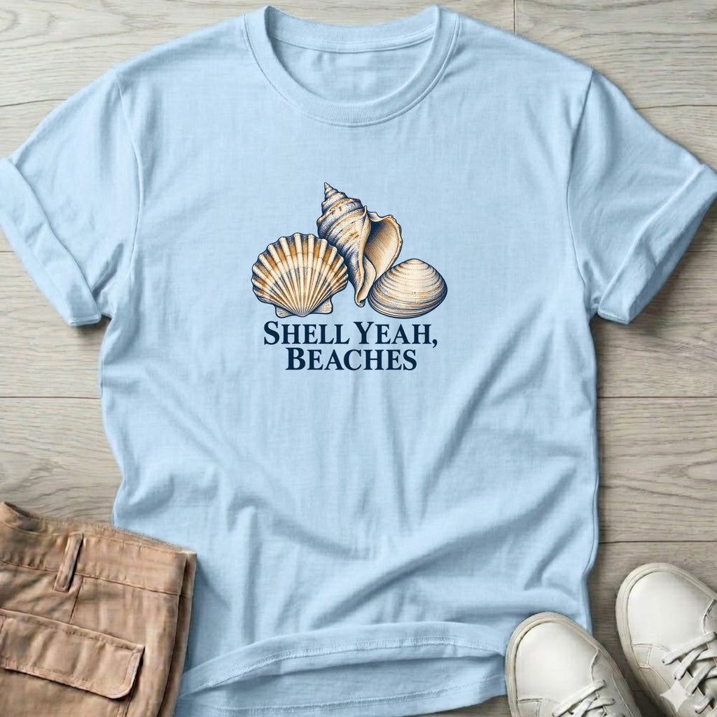Shell Yeah Beaches T-Shirt in Light Blue, Salty Paws T-Shirt, front design flat lay