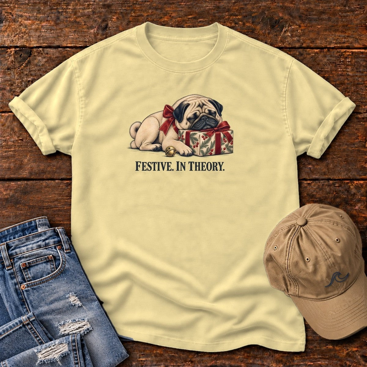 Festive in Theory Pug T-Shirt in Butter, Salty Paws Comfort Colors T-Shirt, front design flat lay