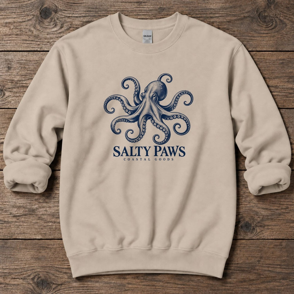 Octopus Coastal Goods Midweight Sweatshirt in Sand, Salty Paws Midweight Sweatshirt, front design flat lay