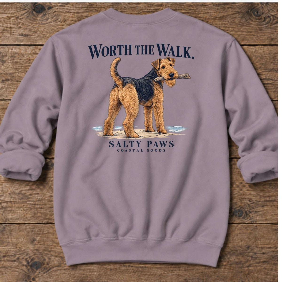 Worth the Walk Airedale Back Design Midweight Sweatshirt in Paragon, Salty Paws Midweight Sweatshirt, back design flat lay