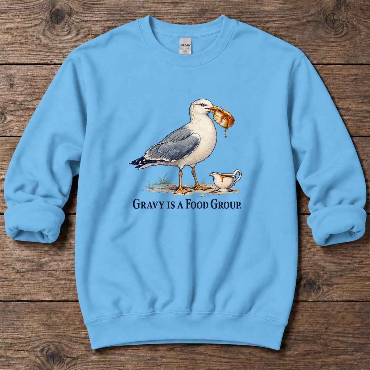 Gravy Is a Food Group Seagull Midweight Sweatshirt in Sky, Salty Paws Midweight Sweatshirt, front design flat lay