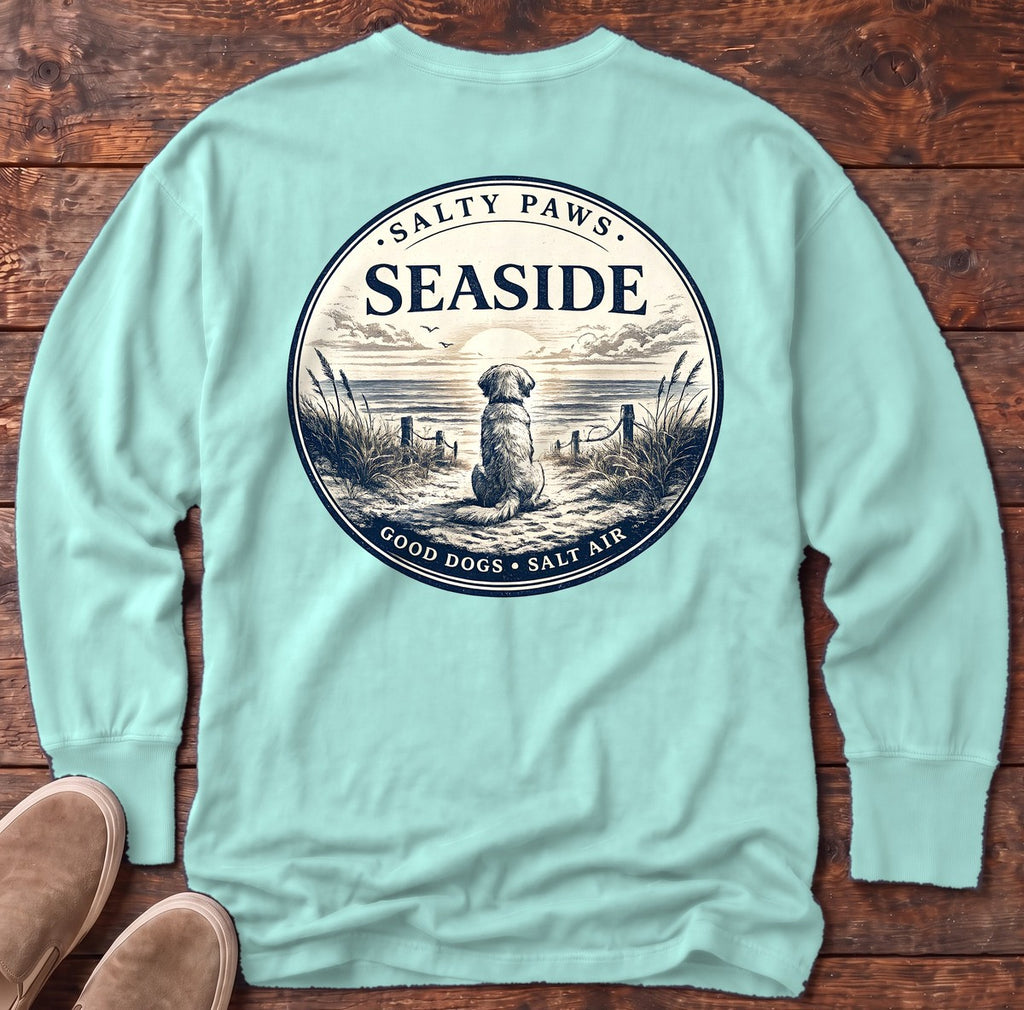 Seaside Good Dogs Back Design Long Sleeve Tee in Chalky Mint, Salty Paws Comfort Colors long sleeve tee