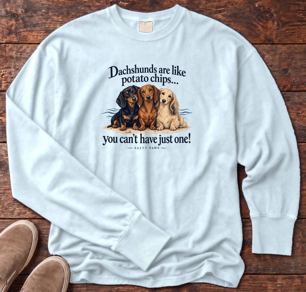 Three Dachshunds Potato Chips Long Sleeve Tee in Chambray, Salty Paws Comfort Colors Long Sleeve Tee, front design flat lay
