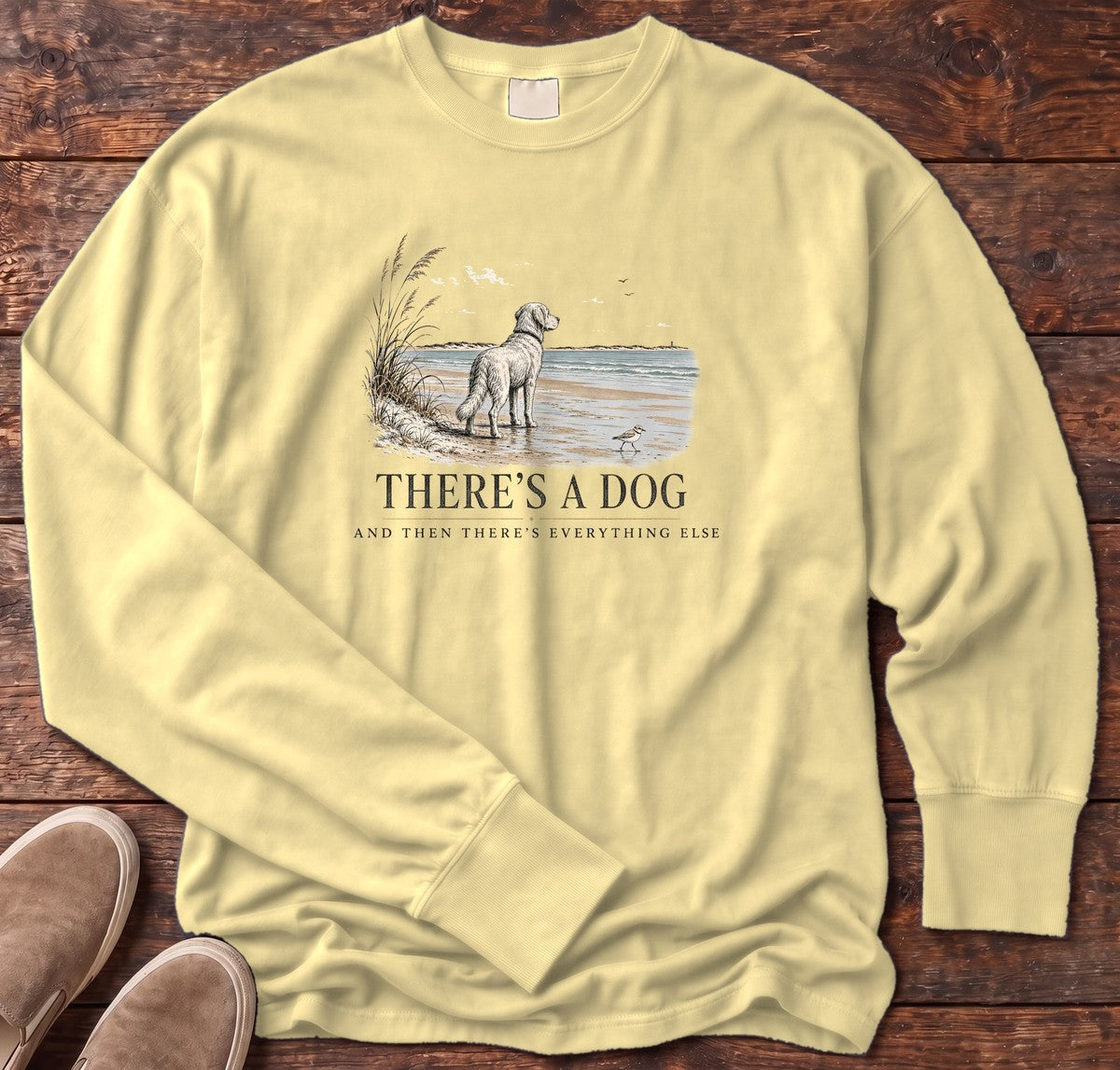 There's a Dog & Everything Else Beach Long Sleeve Tee in Butter, Salty Paws Comfort Colors long sleeve tee