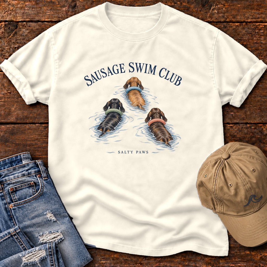 Sausage Swim Club Dachshund Trio T-Shirt in Ivory, Salty Paws Comfort Colors T-Shirt, front design flat lay