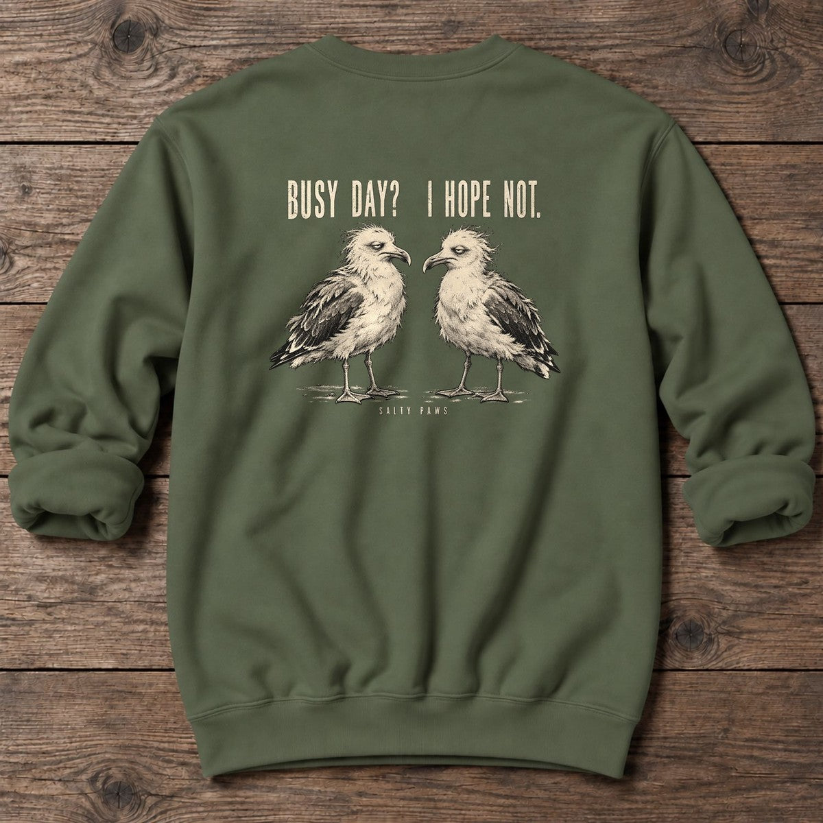 Busy Day Gulls Back Design Midweight Sweatshirt in Military Green, Salty Paws Midweight Sweatshirt, back design flat lay