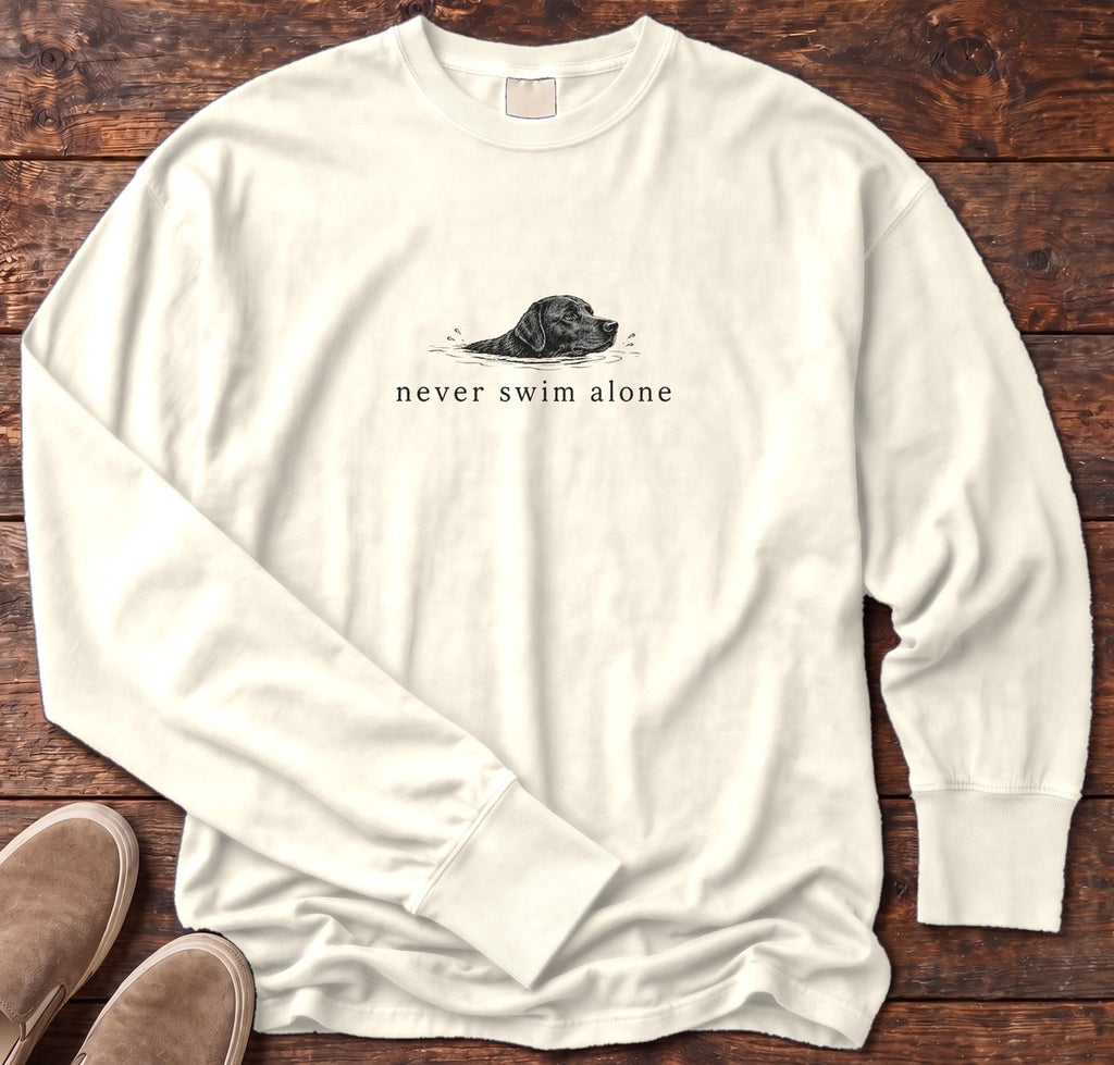 Never Swim Alone Lab Dog Long Sleeve Tee in Ivory, Salty Paws Comfort Colors long sleeve tee