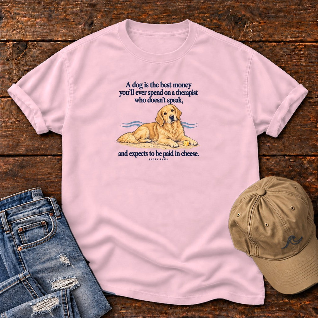 Paid in Cheese Golden Retriever T-Shirt in Blossom, Salty Paws Comfort Colors T-Shirt, front design flat lay
