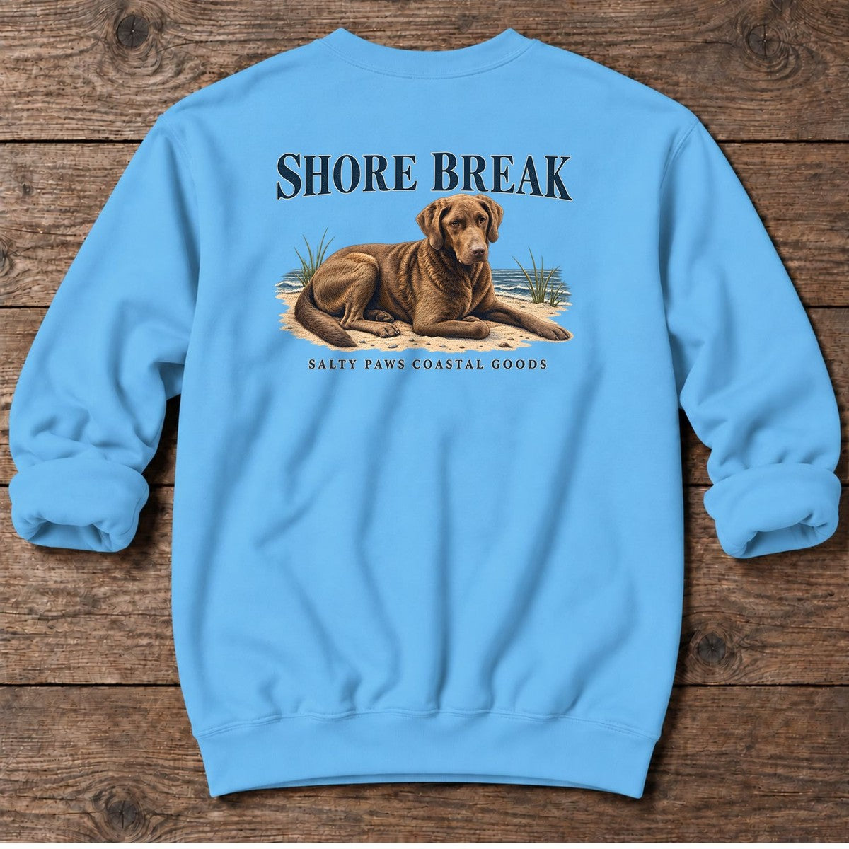 Shore Break Chesapeake Bay Retriever Back Design Midweight Sweatshirt in Sky, Salty Paws coastal sweatshirt
