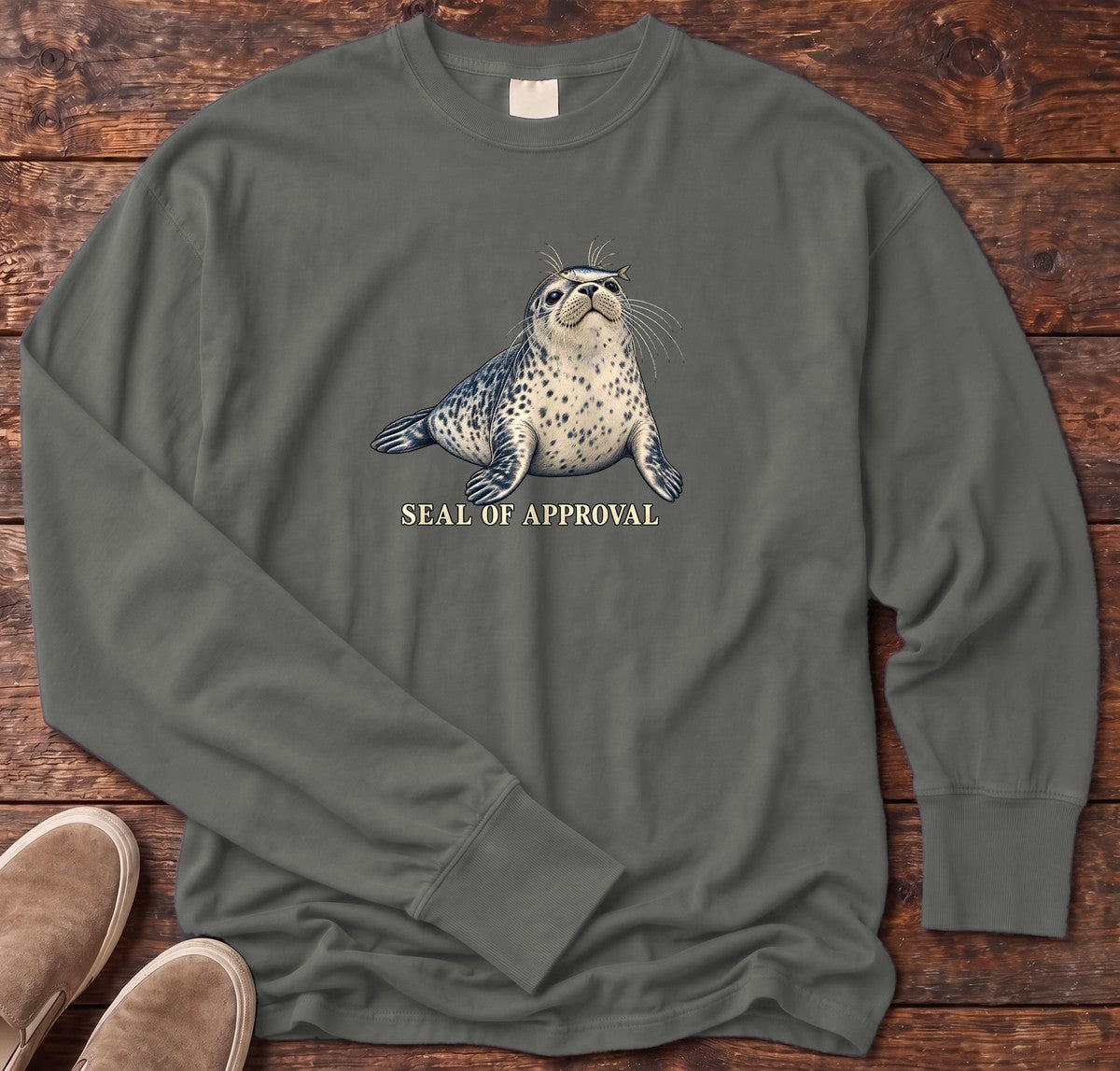 Seal of Approval Long Sleeve Tee in Pepper, Salty Paws Comfort Colors long sleeve tee