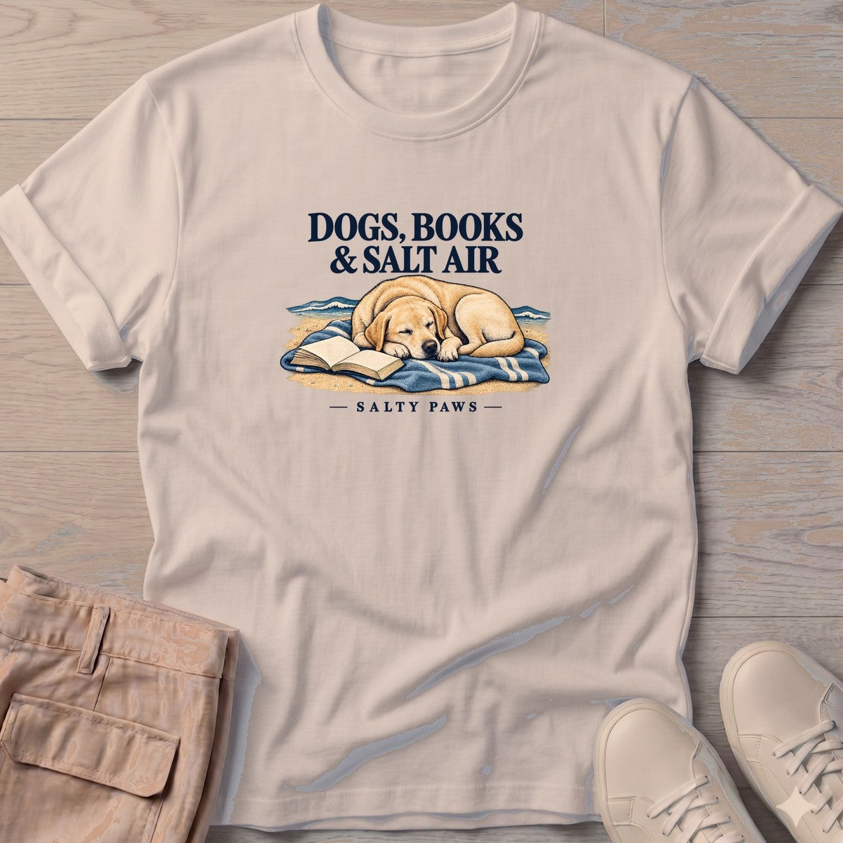 Dogs, Books & Salt Air Yellow Lab T-Shirt in Sand, Salty Paws T-Shirt, front design flat lay