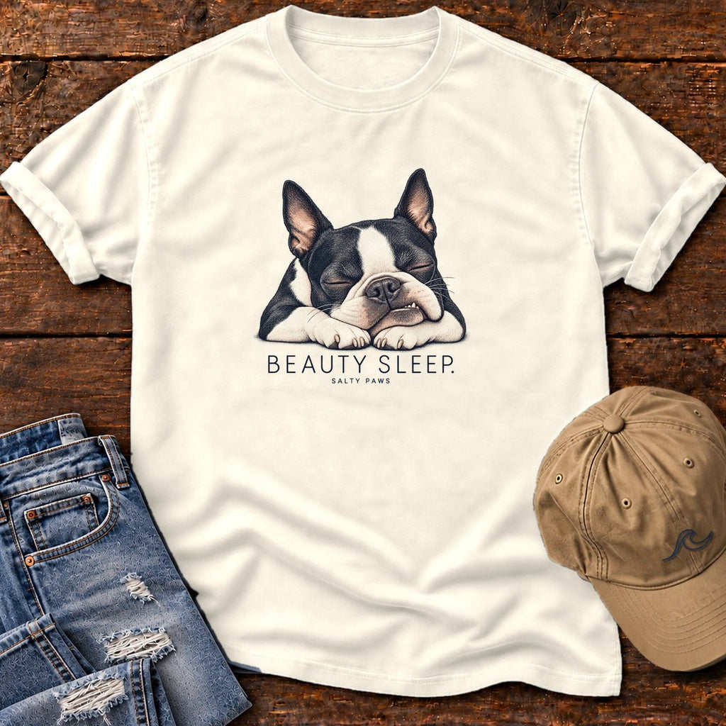 Beauty Sleep Boston Terrier T-Shirt in Ivory, Salty Paws Comfort Colors T-Shirt, front design flat lay