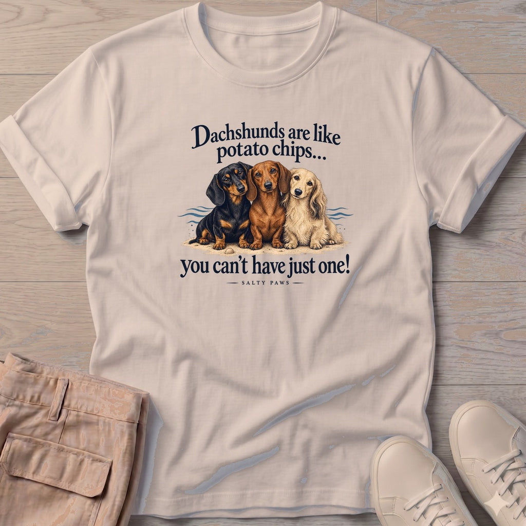 Three Dachshunds Potato Chips T-Shirt in Sand, Salty Paws T-Shirt, front design flat lay