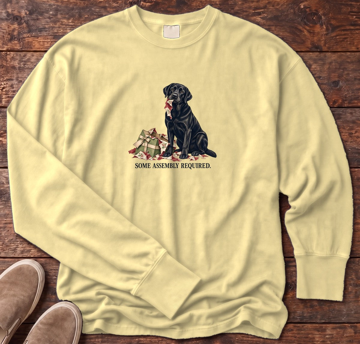 Some Assembly Required Black Lab Long Sleeve Tee in Butter, Salty Paws Comfort Colors Long Sleeve Tee, front design flat lay