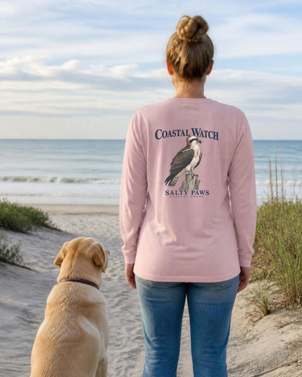 Coastal Watch Osprey Salty Paws Coastal Goods Back Design Long Sleeve Tee in Blossom worn by a model, Salty Paws Comfort Colors Long Sleeve Tee