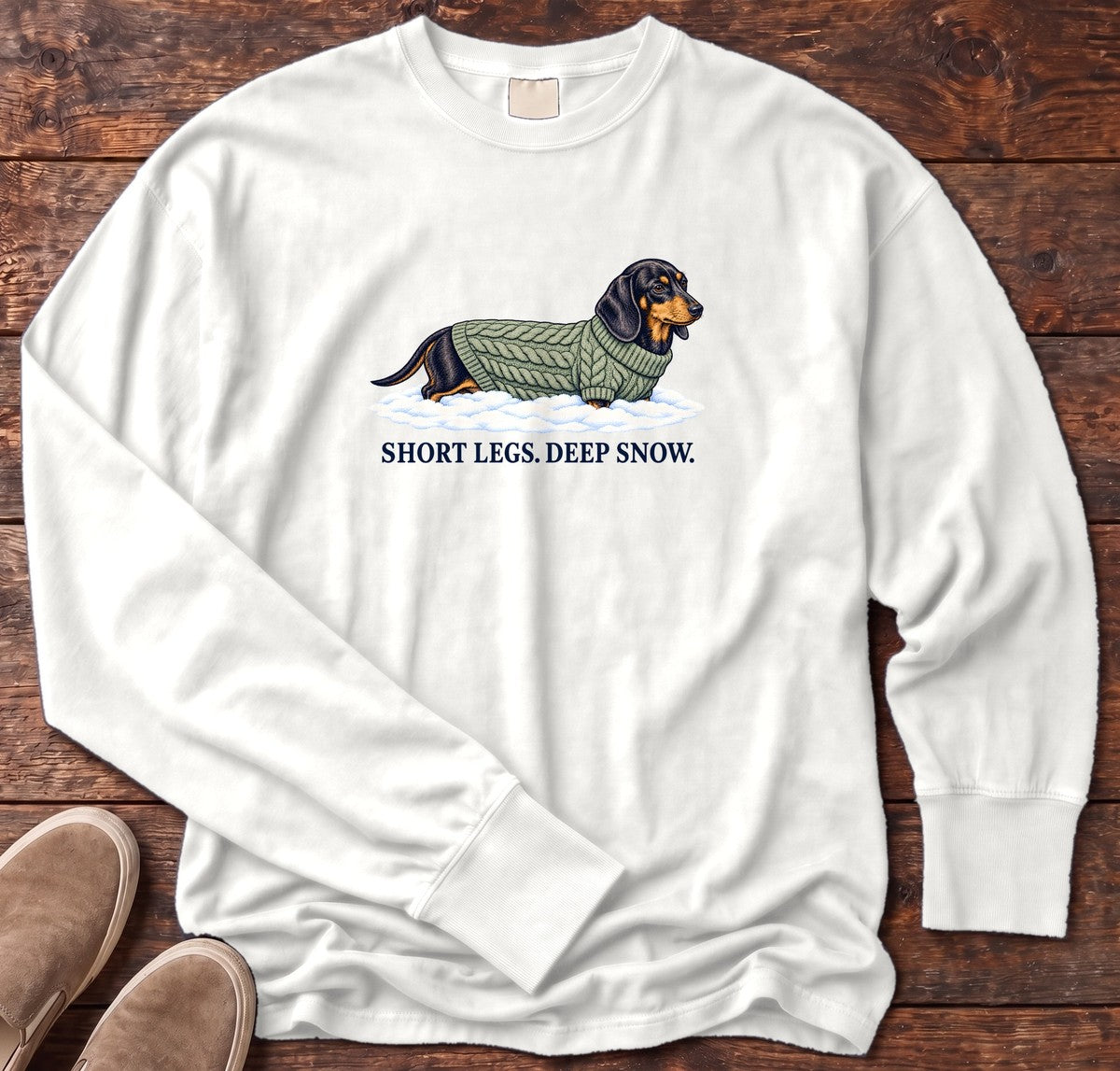 Short Legs Deep Snow Dachshund Long Sleeve Tee in White, Salty Paws Comfort Colors Long Sleeve Tee, front design flat lay