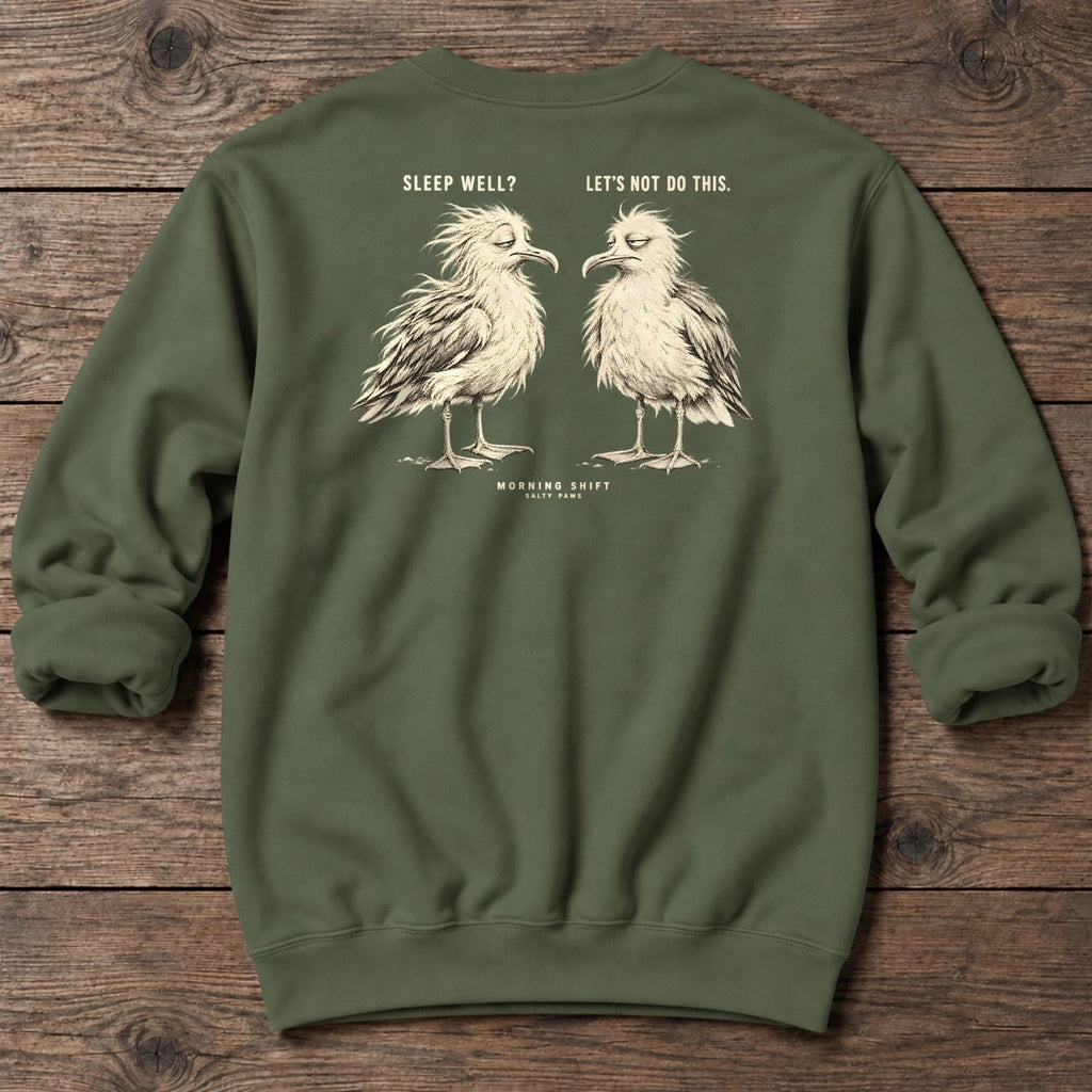 Morning Shift Gulls Back Design Midweight Sweatshirt in Military Green, Salty Paws Midweight Sweatshirt, back design flat lay