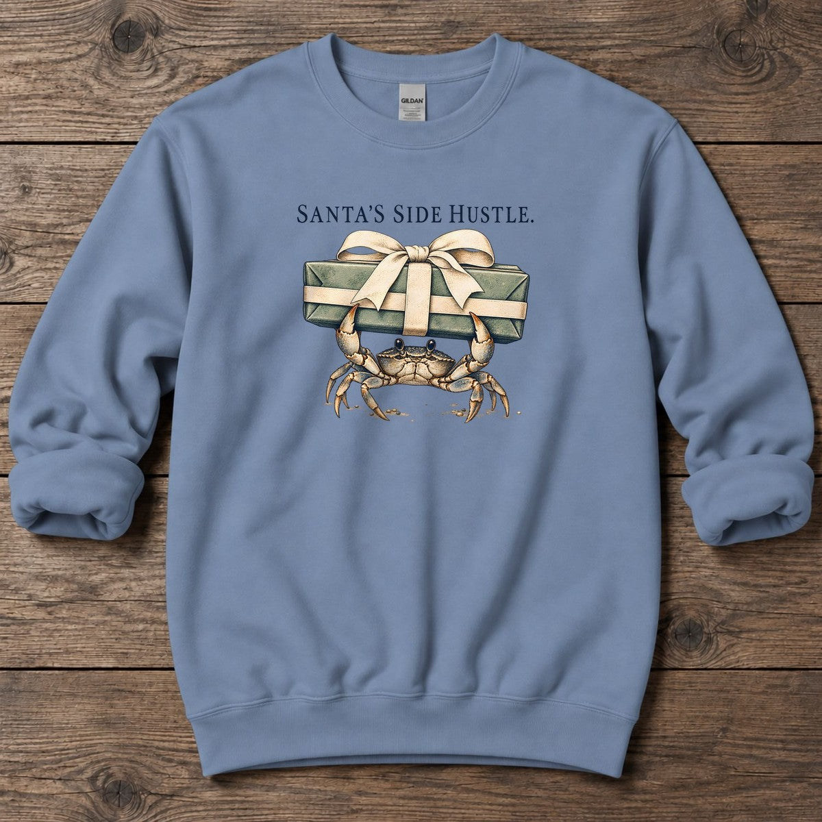 Santa's Side Hustle Crab Midweight Sweatshirt in Stone Blue, Salty Paws Midweight Sweatshirt, front design flat lay