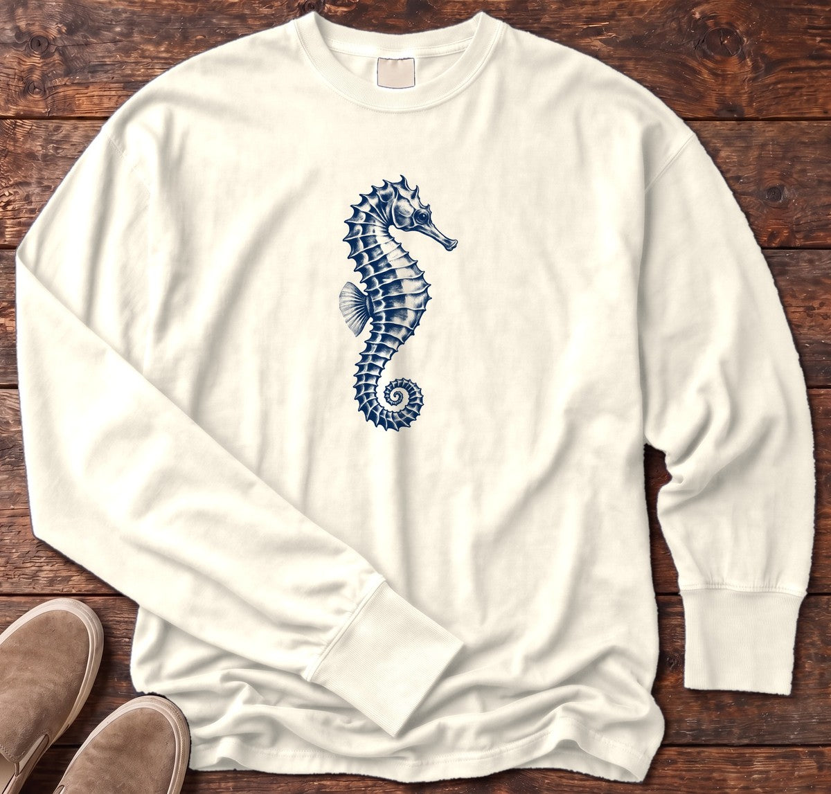 Navy Seahorse Long Sleeve Tee in Ivory, Salty Paws Comfort Colors Long Sleeve Tee, front design flat lay