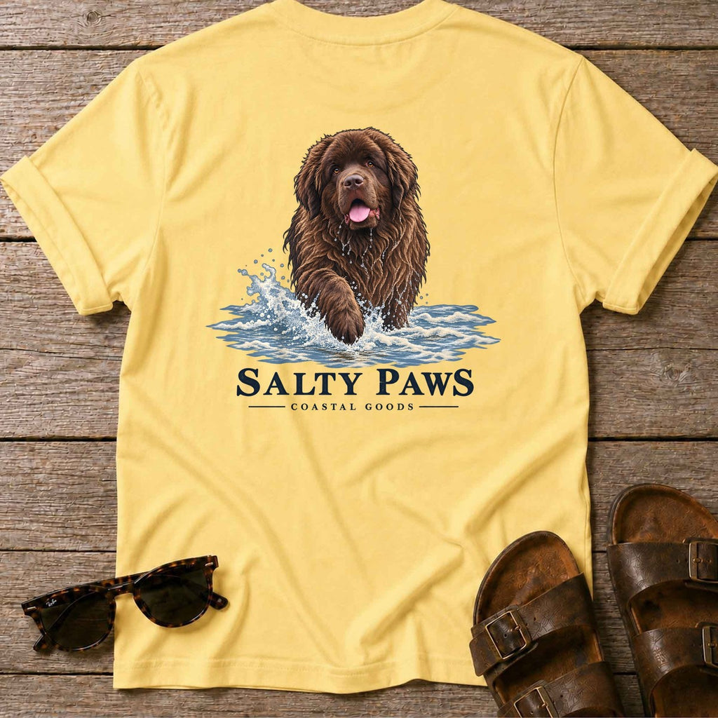 Brown Newfoundland Surf Back Design T-Shirt in Daisy, Salty Paws T-Shirt, back design flat lay