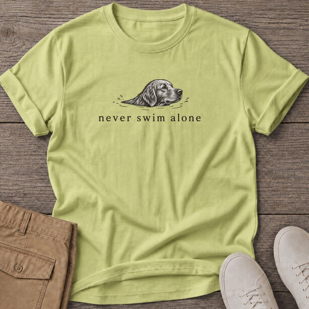 Never Swim Alone Golden Dog T-Shirt in Pistachio