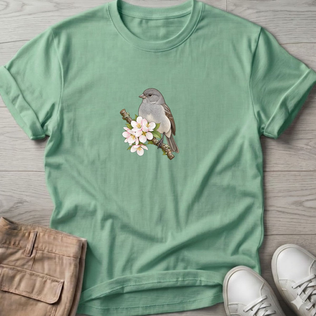 Gray Bird Blossom T-Shirt in Mint Green