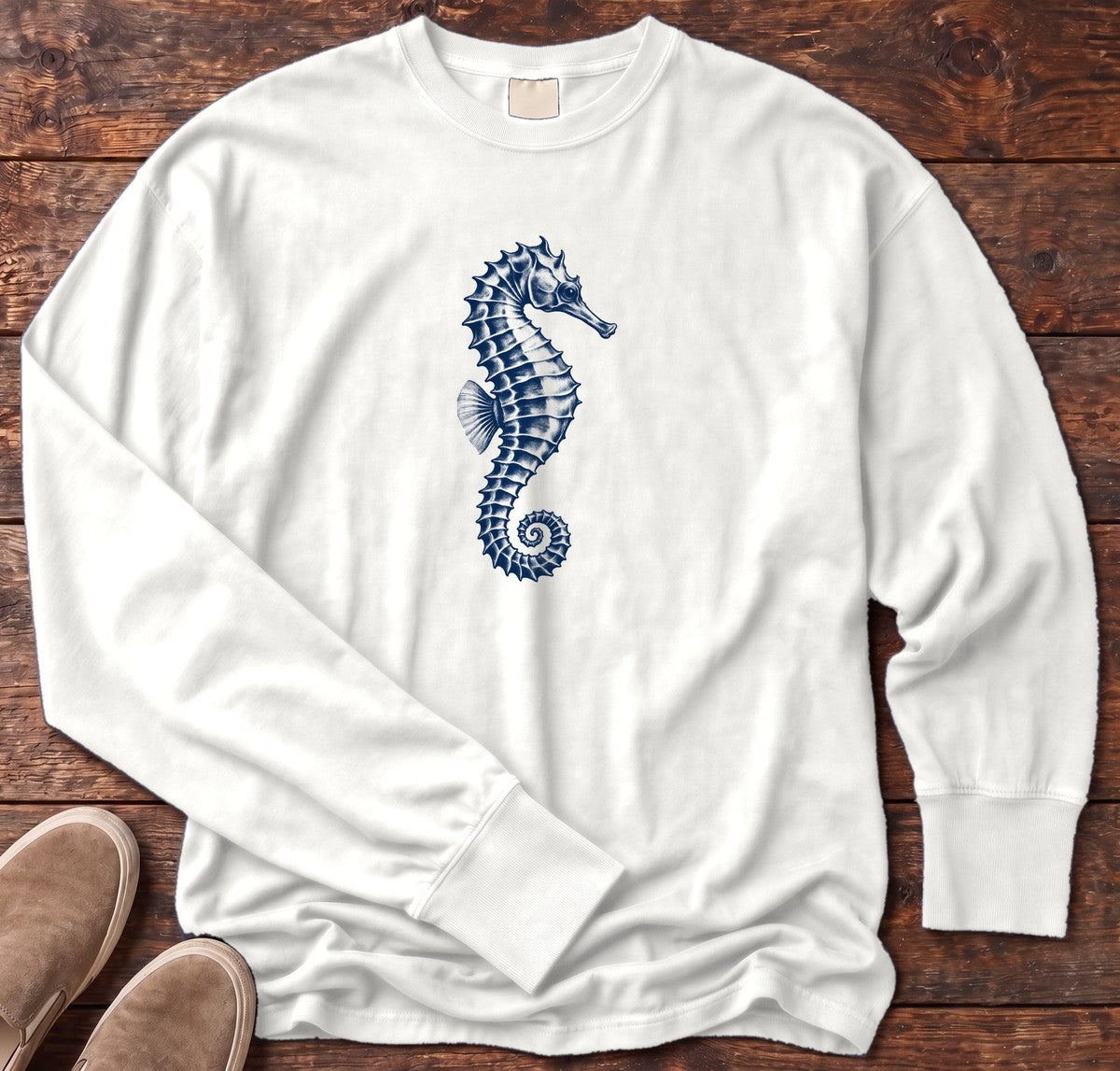 Navy Seahorse Long Sleeve Tee in White, Salty Paws Comfort Colors Long Sleeve Tee, front design flat lay