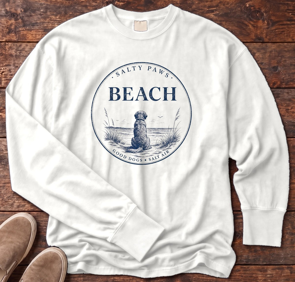 Beach Good Dogs Salt Air Long Sleeve Tee in White, Salty Paws Comfort Colors long sleeve tee