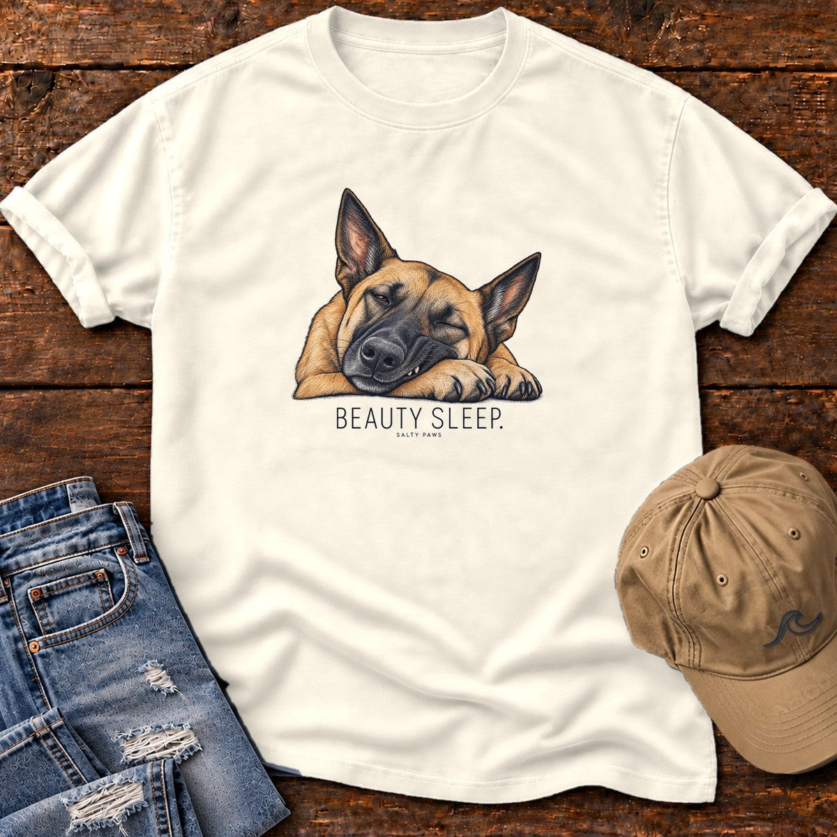 Beauty Sleep Belgian Malinois T-Shirt in Ivory, Salty Paws Comfort Colors T-Shirt, front design flat lay