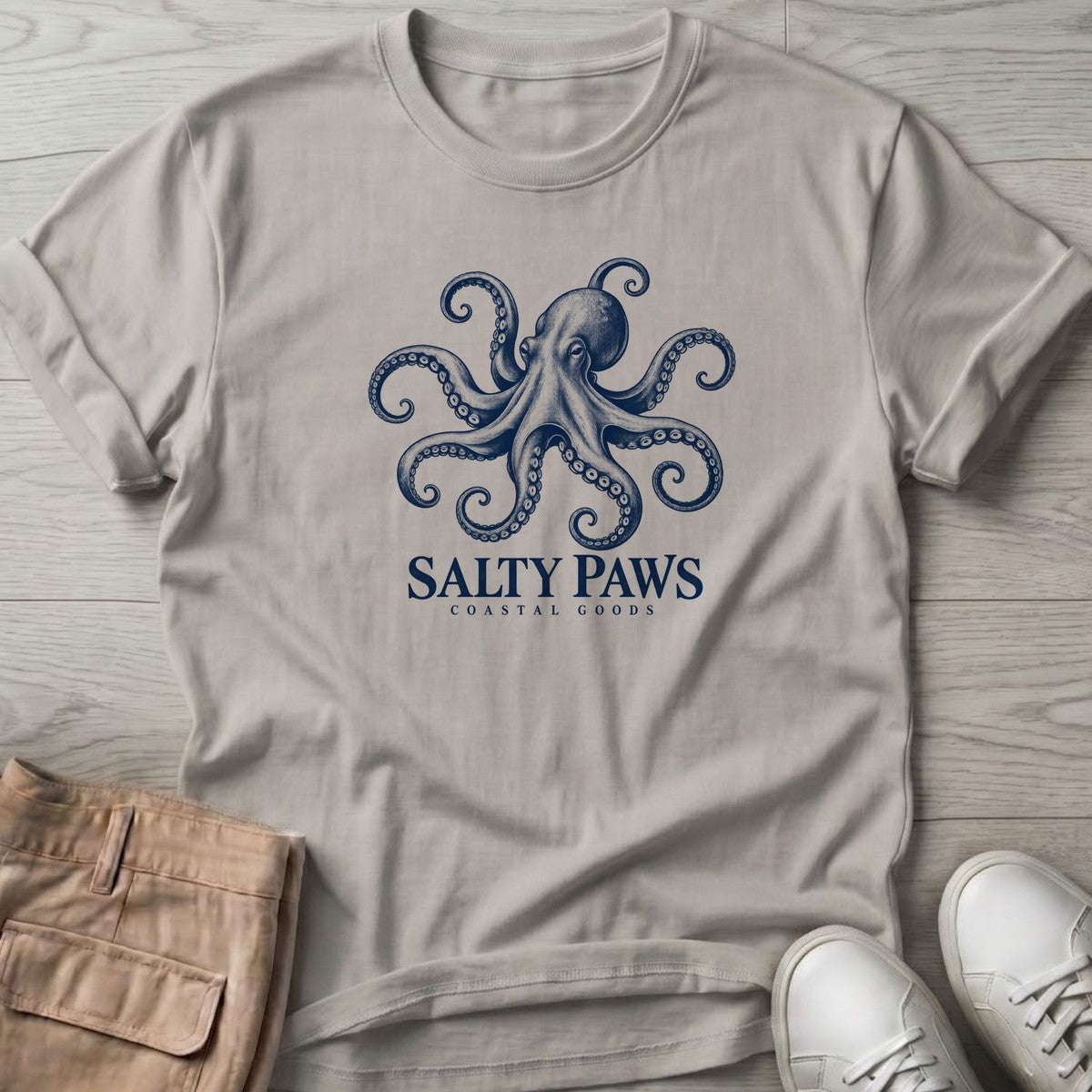Octopus Coastal Goods T-Shirt in Ice Grey, Salty Paws T-Shirt, front design flat lay