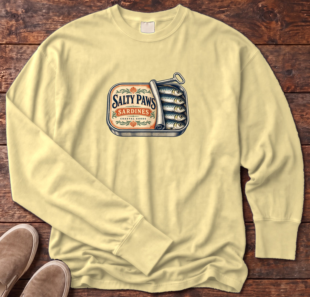 Salty Paws Sardines Coastal Goods Long Sleeve Tee in Butter, Salty Paws Comfort Colors Long Sleeve Tee, front design flat lay