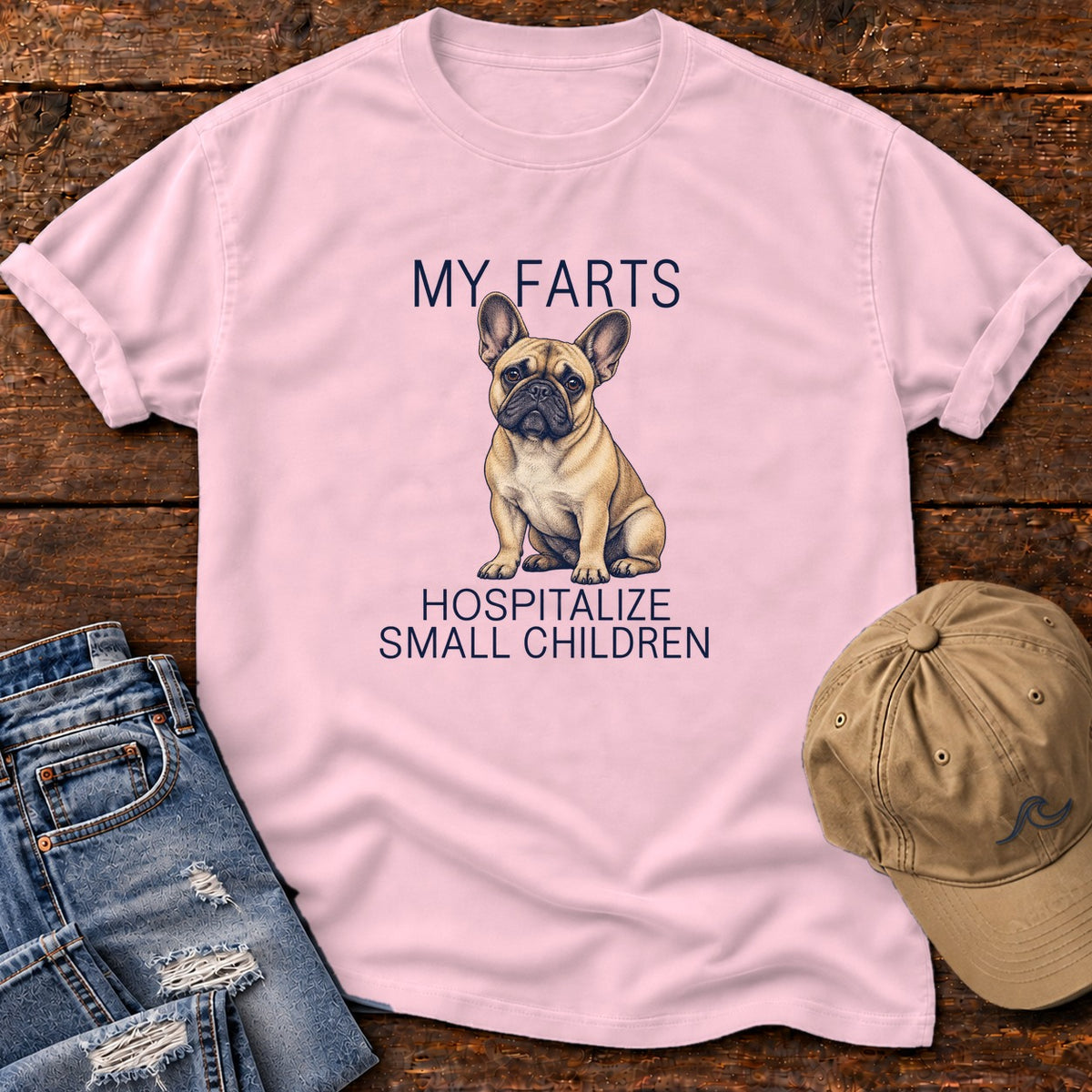 My Farts Hospitalize Small Children Frenchie T-Shirt in Blossom, Salty Paws Comfort Colors T-Shirt, front design flat lay