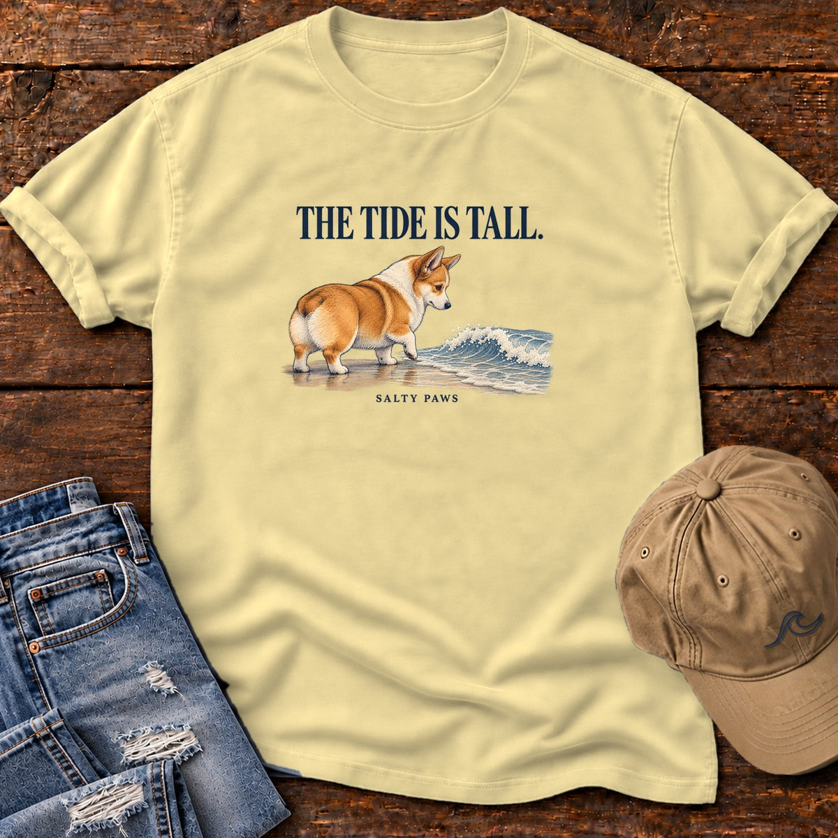 The Tide Is Tall Corgi T-Shirt in Butter, Salty Paws Comfort Colors T-Shirt, front design flat lay