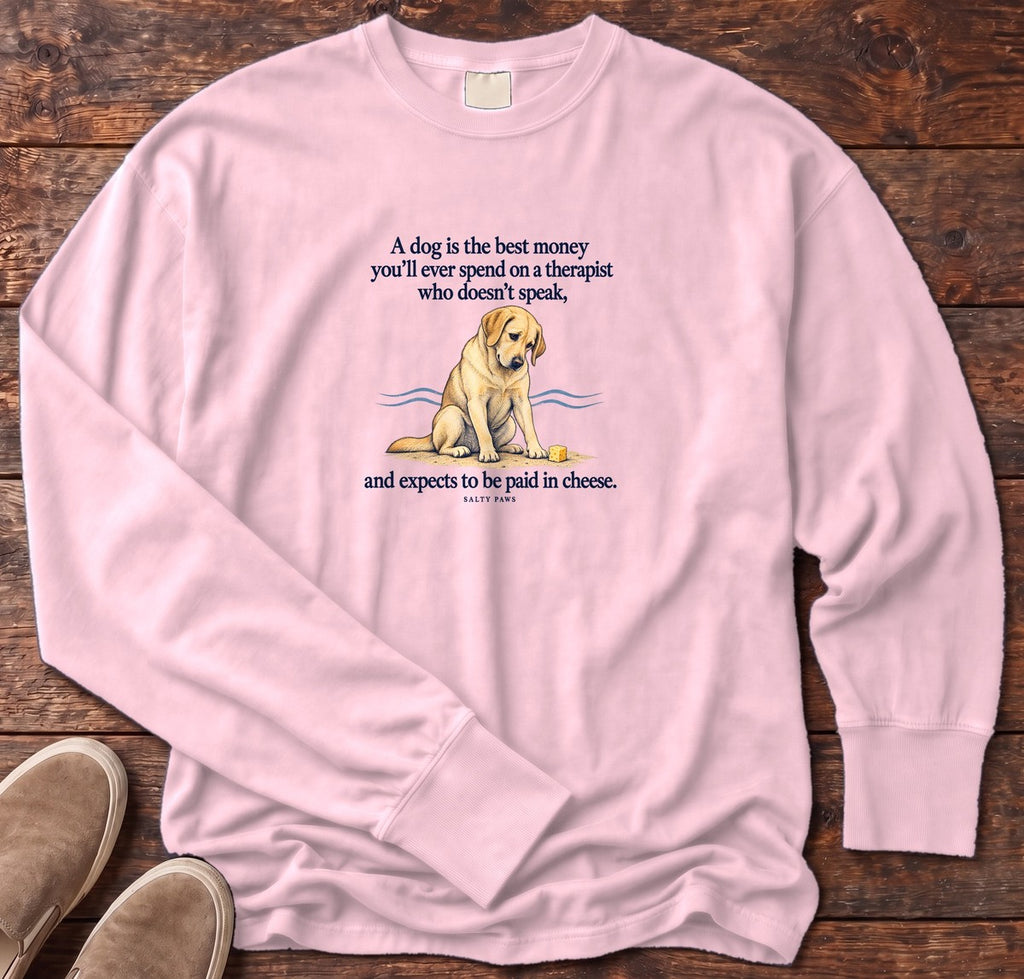 Paid in Cheese Yellow Lab Long Sleeve Tee in Blossom, Salty Paws Comfort Colors Long Sleeve Tee, front design flat lay